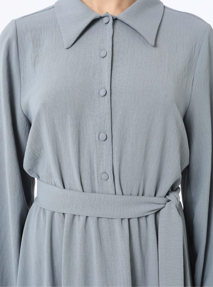 Gri Uzun Kollu Kemerli Uzun Elbise - Görsel 3