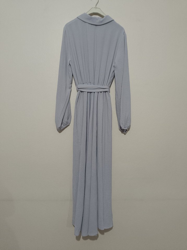 Gri Uzun Kollu Kemerli Uzun Elbise - Görsel 5
