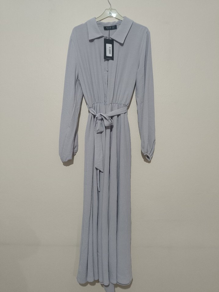 Gri Uzun Kollu Kemerli Uzun Elbise - Görsel 4