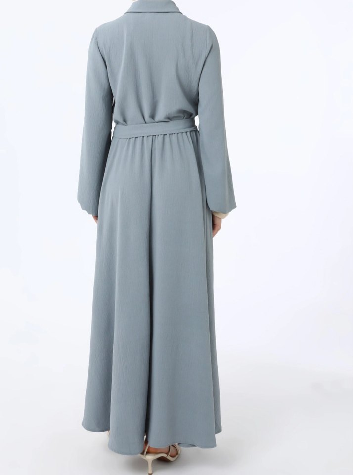 Gri Uzun Kollu Kemerli Uzun Elbise - Görsel 2