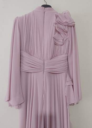 Pudra Renkli Uzun Drapeli Tesettür Abiye - Görsel 9