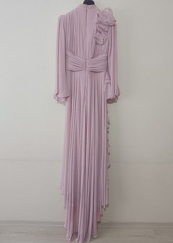 Pudra Renkli Uzun Drapeli Tesettür Abiye - Görsel 8