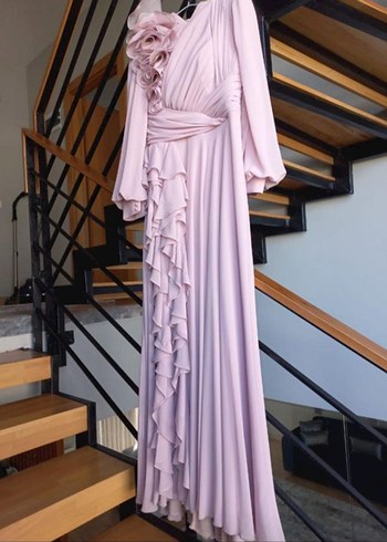 Pudra Renkli Uzun Drapeli Tesettür Abiye - Görsel 12