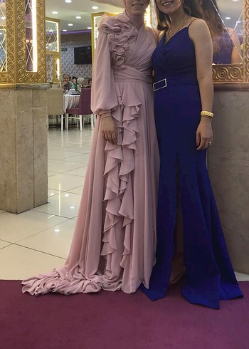 Pudra Renkli Uzun Drapeli Tesettür Abiye - Görsel 3