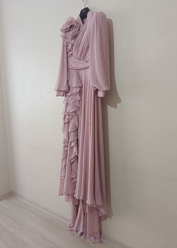 Pudra Renkli Uzun Drapeli Tesettür Abiye - Görsel 4