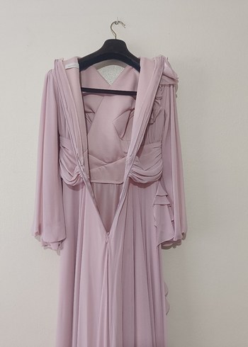 Pudra Renkli Uzun Drapeli Tesettür Abiye - Görsel 10