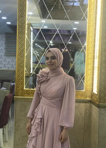 Pudra Renkli Uzun Drapeli Tesettür Abiye - Görsel 2