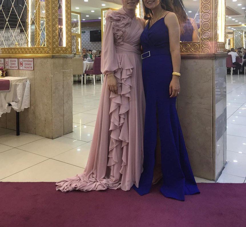 Pudra Renkli Uzun Drapeli Tesettür Abiye - Görsel 3