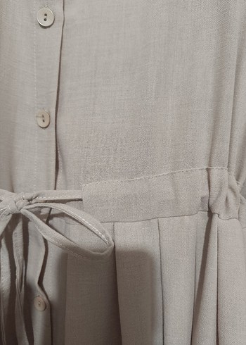 Düğmeli Bej Uzun Keten Elbise - Görsel 2