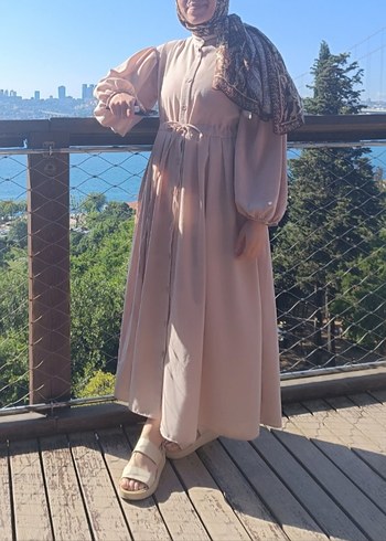 Düğmeli Bej Uzun Keten Elbise - Görsel 5