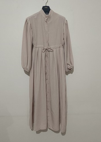 Düğmeli Bej Uzun Keten Elbise - Görsel 3