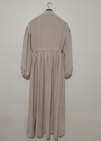 Düğmeli Bej Uzun Keten Elbise - Görsel 4