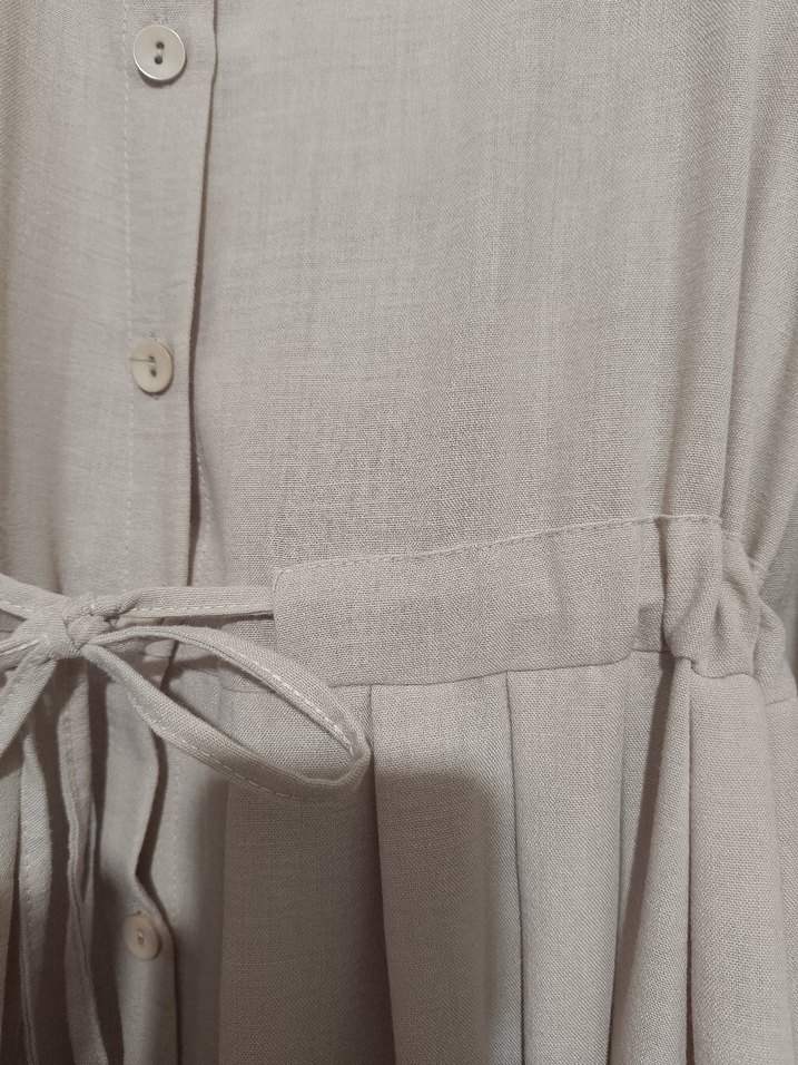 Düğmeli Bej Uzun Keten Elbise - Görsel 2