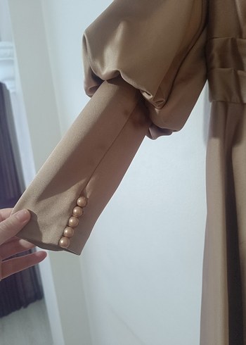 Uzun Kol Drapeli Saten Elbise - Görsel 8