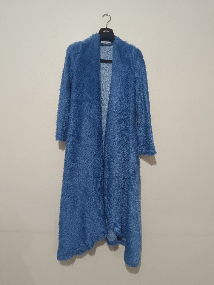 Mavi Uzun Peluş Kadın Hırka - Görsel 2