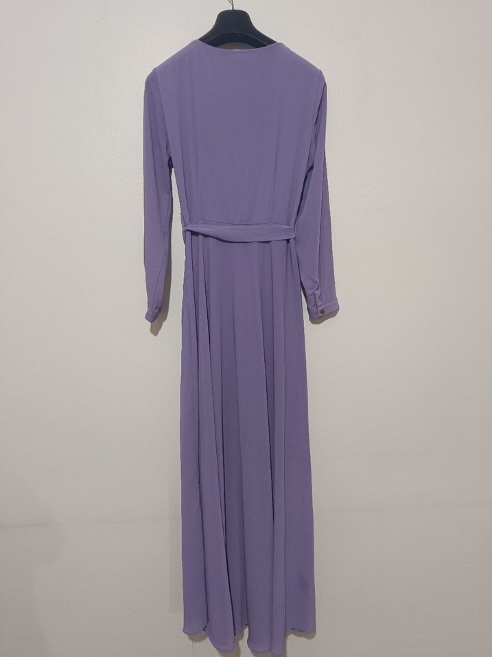 Uzun Kollu Mor Şifon Uzun Elbise - Görsel 2