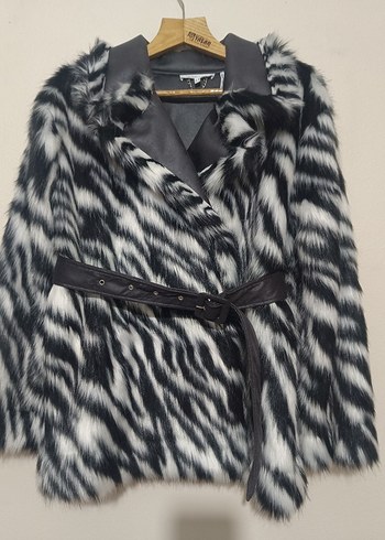 Kadın Gri Zebra Desenli Suni Kürk Midi Ceket - Görsel 2