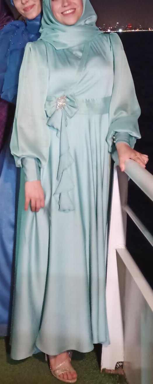 Turkuaz Uzun Şifon Elbise - Görsel 4