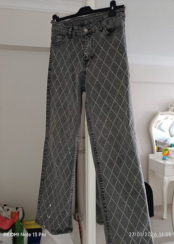 Gri Kareli Kemerli Kadın Denim Pantolon - Görsel 3