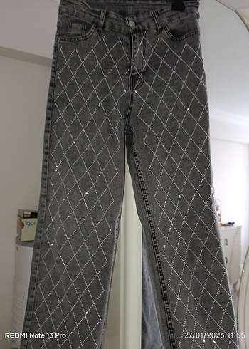 Gri Kareli Kemerli Kadın Denim Pantolon - Görsel 4