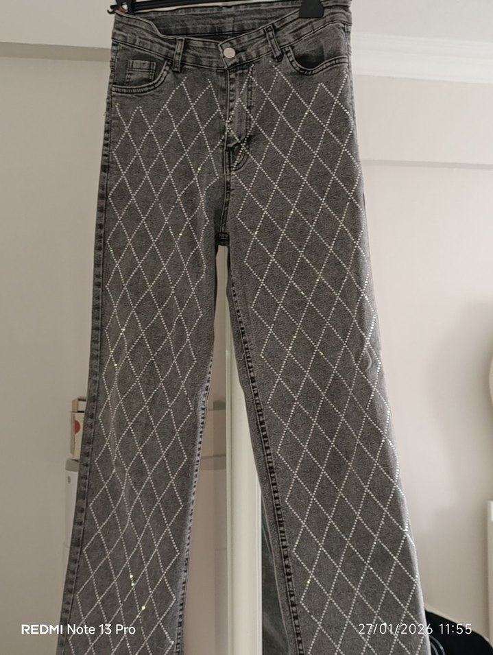 Gri Kareli Kemerli Kadın Denim Pantolon - Görsel 2