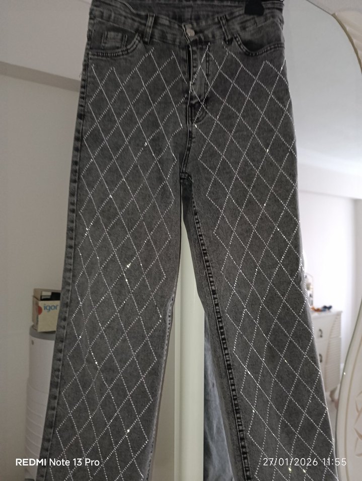 Gri Kareli Kemerli Kadın Denim Pantolon - Görsel 4