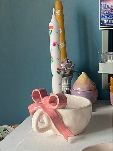 Couquette açık pembe bardak 250ml ve kedi mumluk ÖN SİPARİŞ
