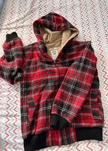 Kapüşonlu Kırmızı Ekose Fermuarlı kadın sweatshirt / polar - Görsel 2