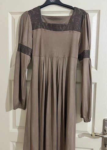 Bej Uzun Keten Vintage Elbise
