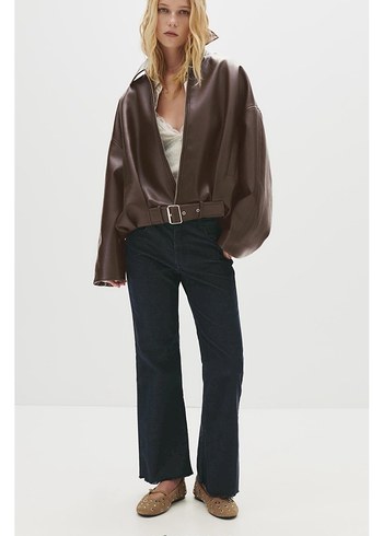 Kahverengi Deri Kemerli Kadın Ceket - Görsel 2