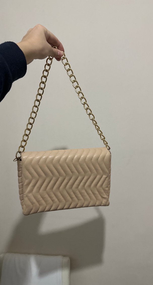 Bej Deri Zincir Detaylı Yılan Desenli Kadın Çanta - Görsel 2