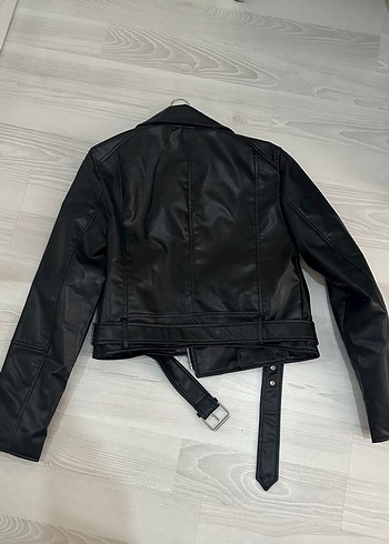 Kadın Siyah Deri Kemerli Biker Ceket - Görsel 2