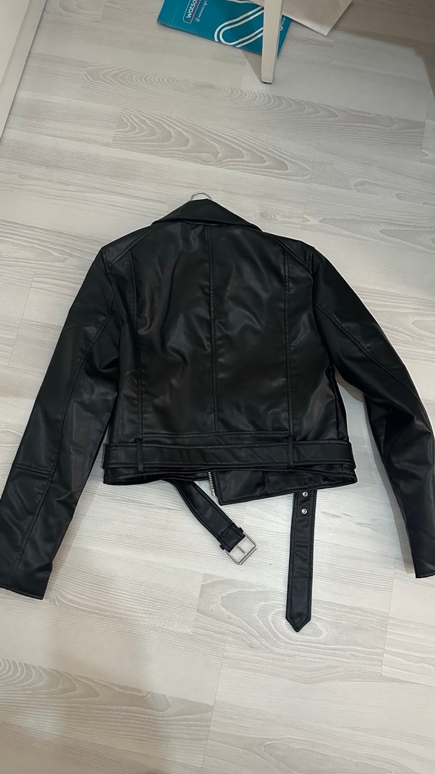 Kadın Siyah Deri Kemerli Biker Ceket - Görsel 2