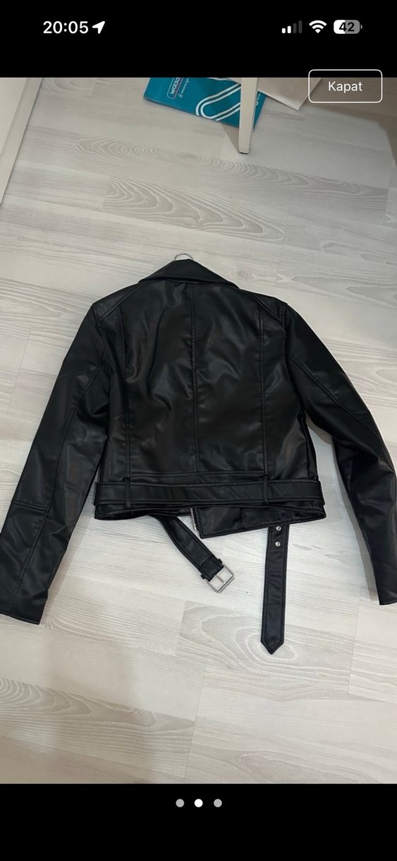 Kemerli Siyah Kadın Deri Biker Ceket - Görsel 2
