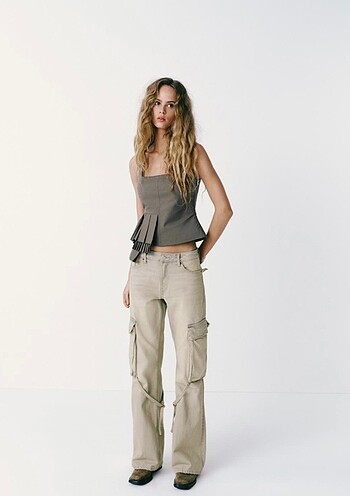 xs Beden Zara Askılı Fırfırlı Gabardin Bluz