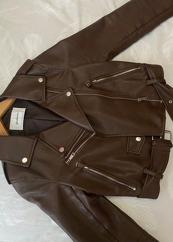 xs Beden Kahverengi Kadın Deri Biker Ceket