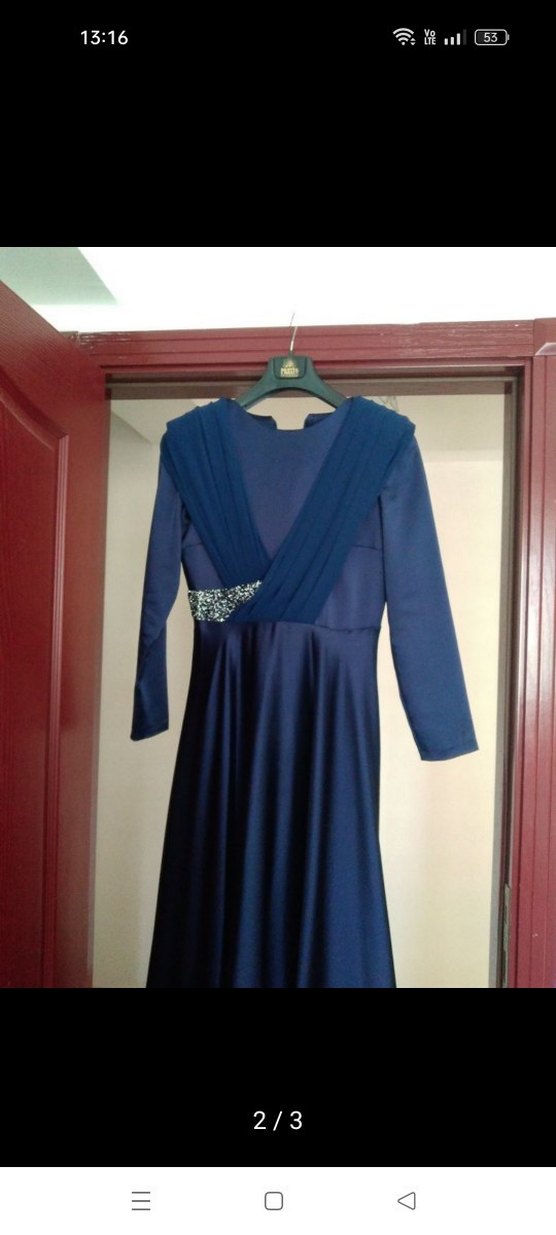 Lacivert Uzun Kollu Drapeli Kadın Abiye - Görsel 2