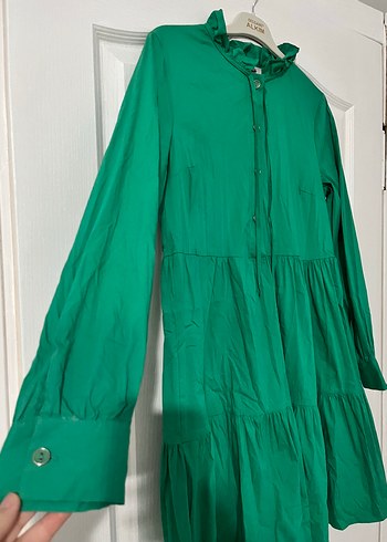 Yeşil Uzun Kollu Fırfırlı Bohem Elbise - Görsel 3