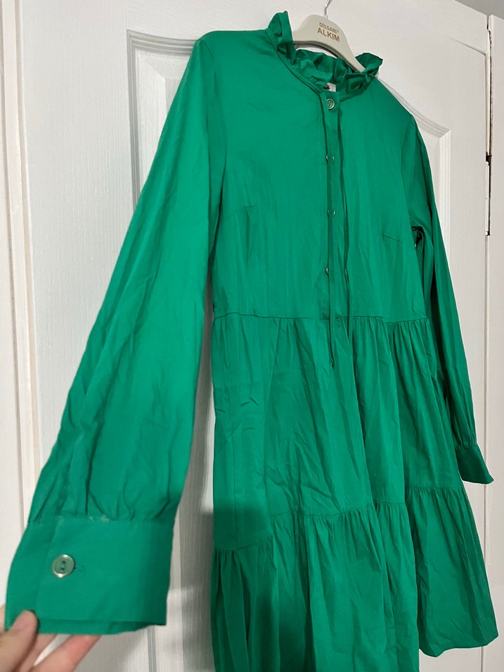 Yeşil Uzun Kollu Fırfırlı Bohem Elbise - Görsel 3