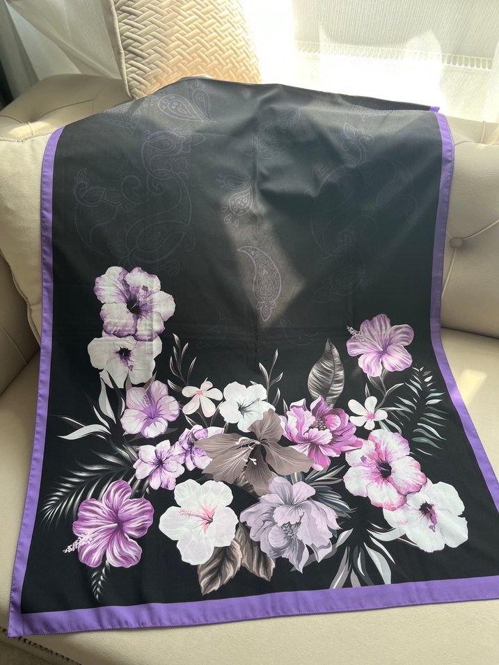 Mor Çiçek Desenli İpek Kadın Şal - Görsel 2