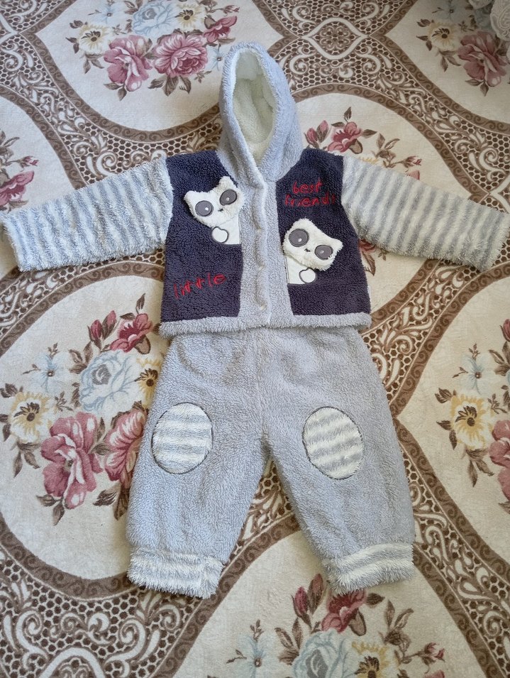 Nakışlı Gri Erkek Çocuk Bornoz ve Pantolon Seti - Görsel 2