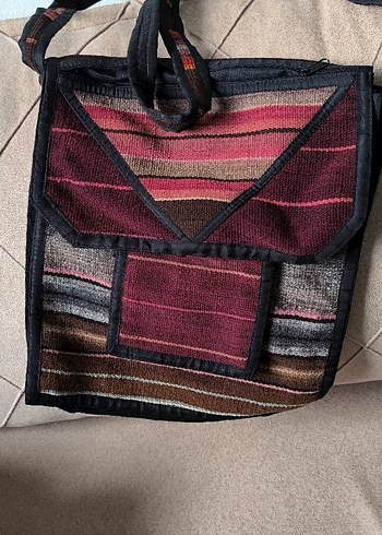 Bordo Çizgili el dokuması canta - Görsel 2