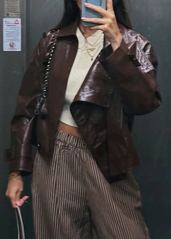 Zara Kahverengi Kadın Deri Biker Ceket