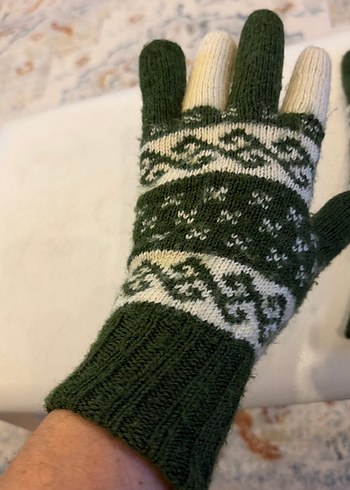 Kadın Örgü Eldivenler, Koyu Yeşil Desenli - Görsel 4