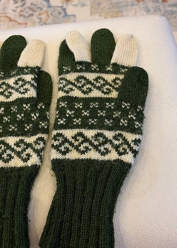 Kadın Örgü Eldivenler, Koyu Yeşil Desenli - Görsel 2