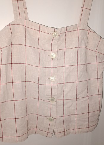 Bej Keten Düğmeli Hamile Bluzu - Görsel 2