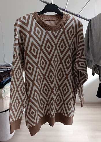 Kadın Kahverengi Desenli Triko Kazak - Görsel 2