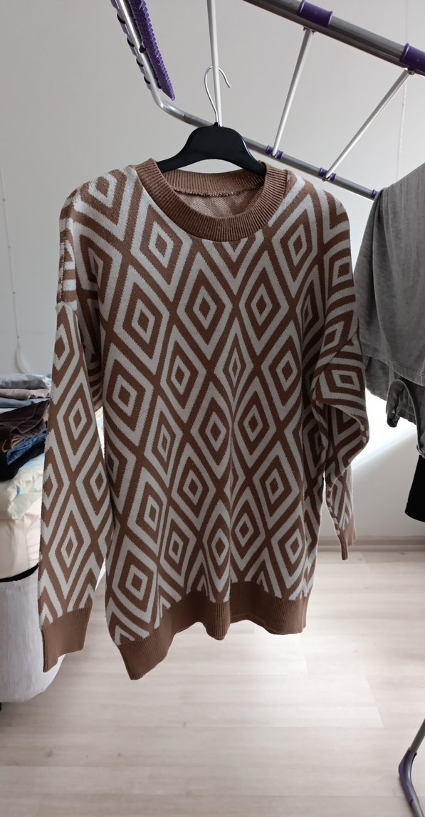 Kadın Kahverengi Desenli Triko Kazak - Görsel 2