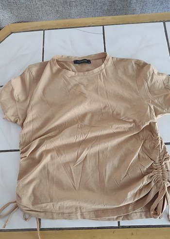 Bej Kısa Kollu Keten Tişört - Görsel 2