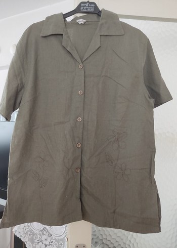 Düğmeli Keten Bej Kadın Gömlek - Görsel 2